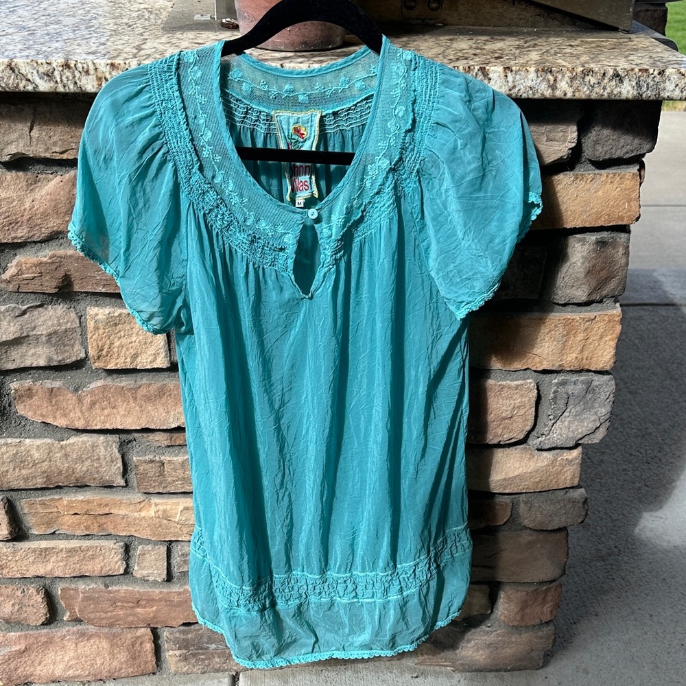 Johnny Was Teal Sheer top with Lace Detail